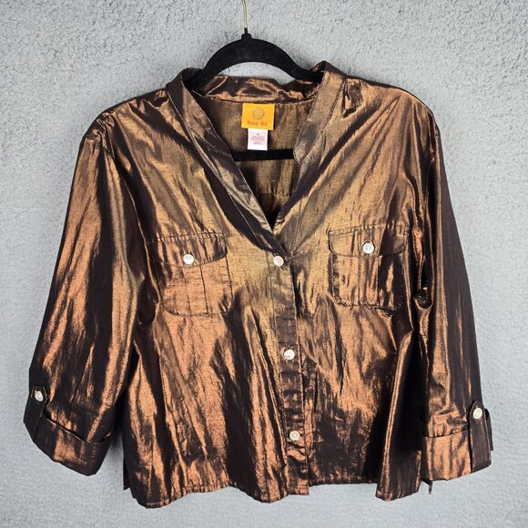 Ruby Rd Blouse Shirt Womens 18 Brown Metallic Button Up Roll Tab Sleeve Pockets - Picture 13 of 14